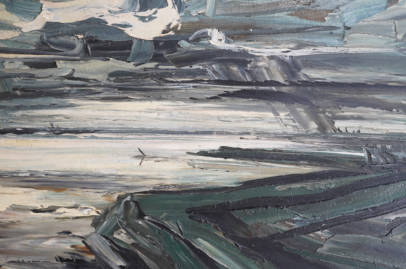 David Smith (British, 1930-1999), impasto oil on board, Seascape, signed and dated 1964, 95 x 117cm. Condition - fair, Provenance; from the artists' studio. David Smith was born in Lowestoft and exhibited around the worl